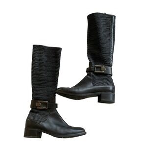 Aquatalia Tall Boots Women 8 Black Leather Woven Mesh Buckle Made in Italy